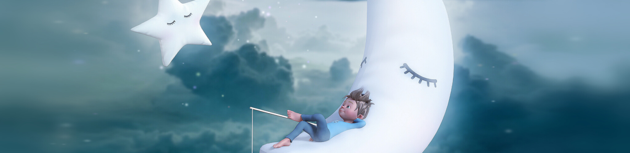 Ragazzo seduto sulla luna pesca in mezzo ad un cielo stellato - Sognare